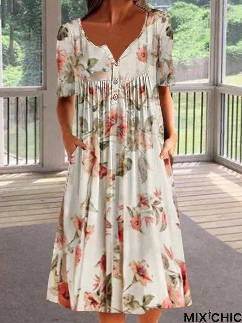 Boho Floral Cotton-Blend Crew Neck Midi