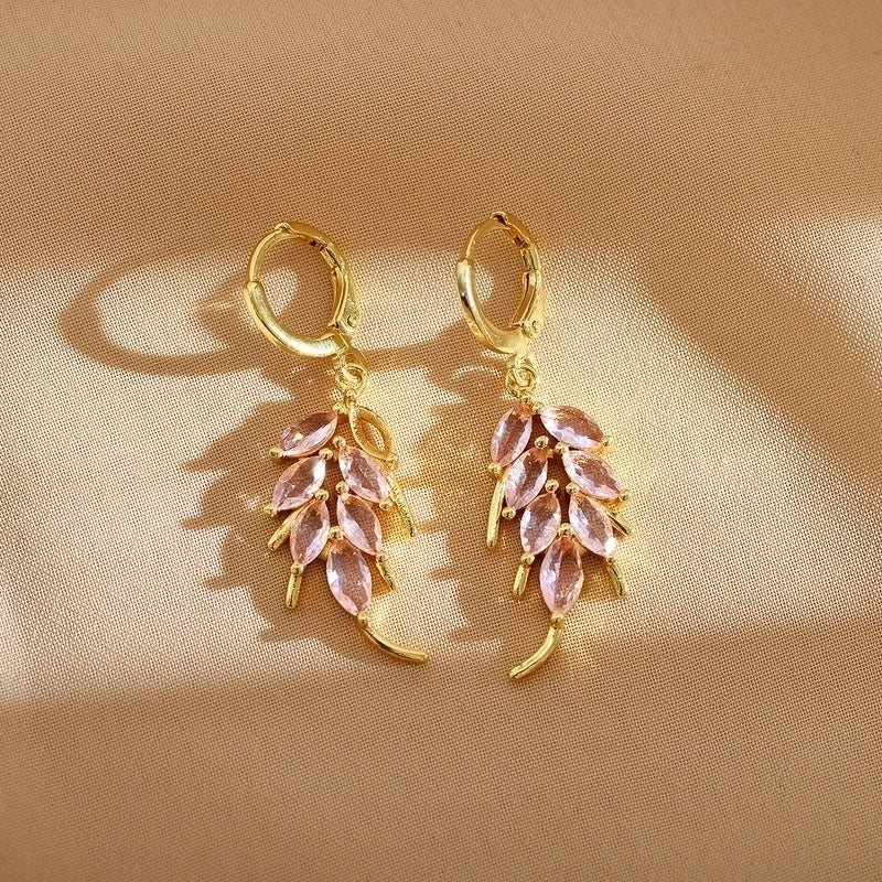 1 Pair Minimalist Leaves Inlay Stainless Steel Zircon Gold Plated Drop Earrings