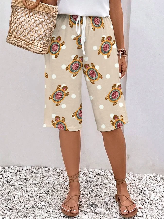 Women's Turtle Pattern Design Lace-Up Loose With Elastic Waist Casual Pants