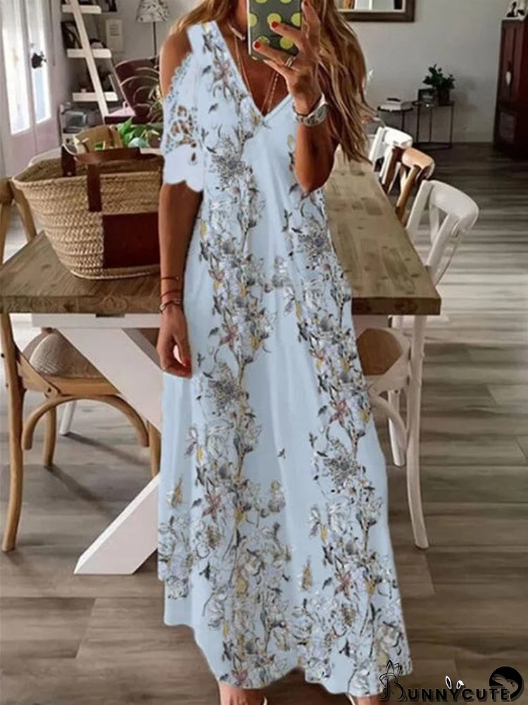 Women's Short Sleeve V-neck Graphic Floral Printed Maxi Dress