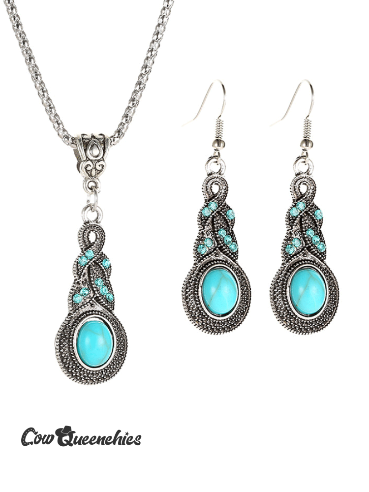 Vintage Inlaid Turquoise Earrings And Necklace As Shown / One-Size