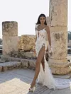 Lace Applique Wedding Dress 3D Flower Embroidered Bridal Gown Unique Long Mesh Sleeve Long Sweep Train Sexy High Slit Robe
