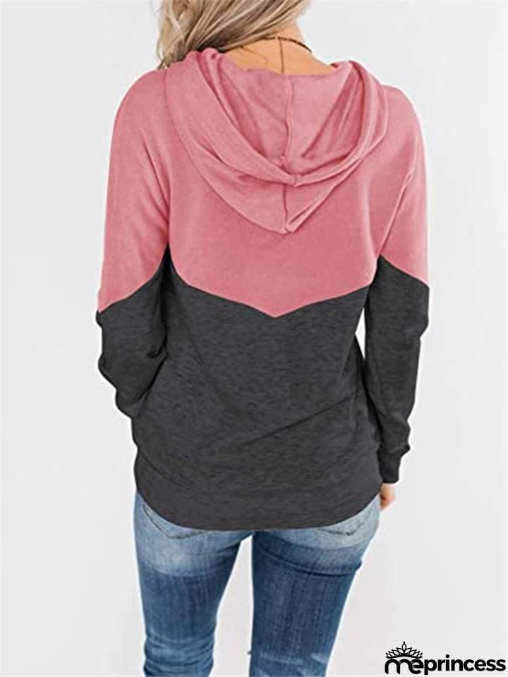 Women Color Block Drawstring Long&nbsp;Sleeve Pullover Hoodie