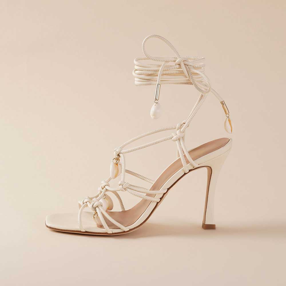 Vegan Leather Square Toe Stiletto Heel Lace-Up Sandals In Ivory Nicepairs