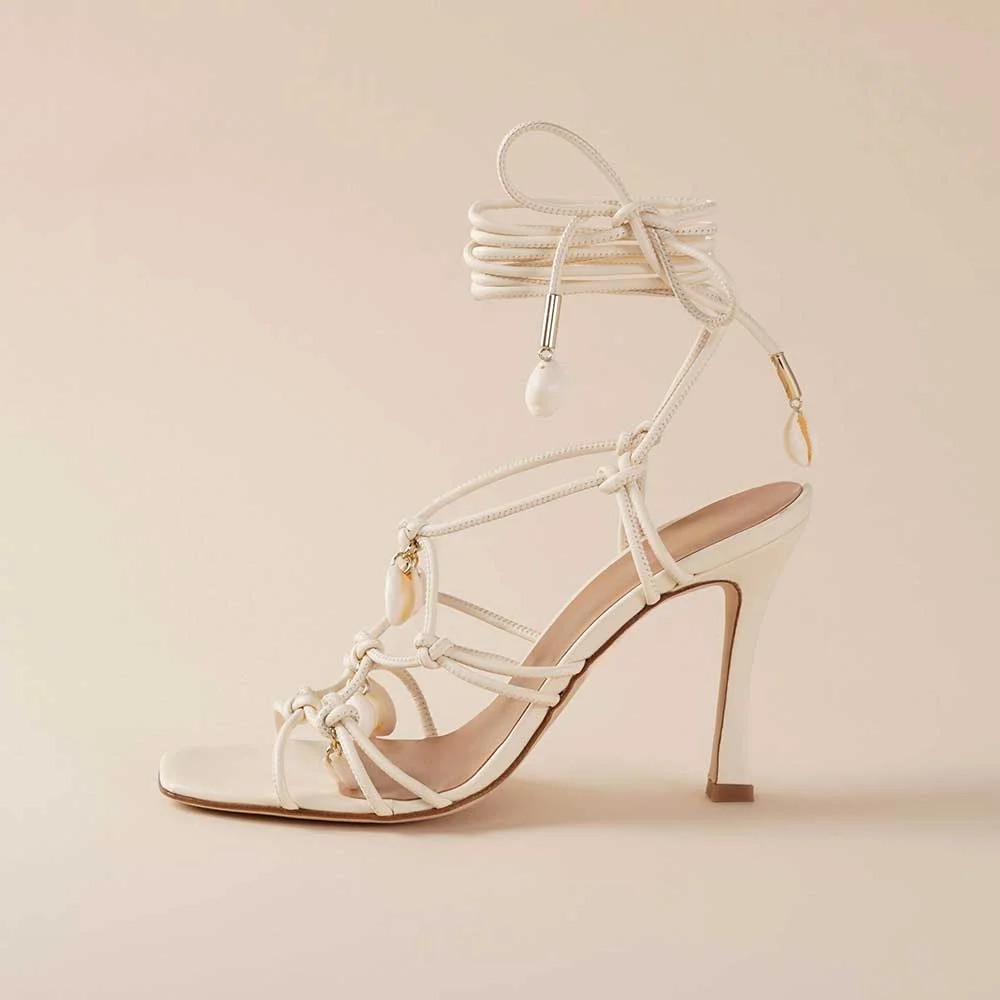 Vegan Leather Sophisticated Note Lace-Up Heeled Sandals In Ivory Nicepairs
