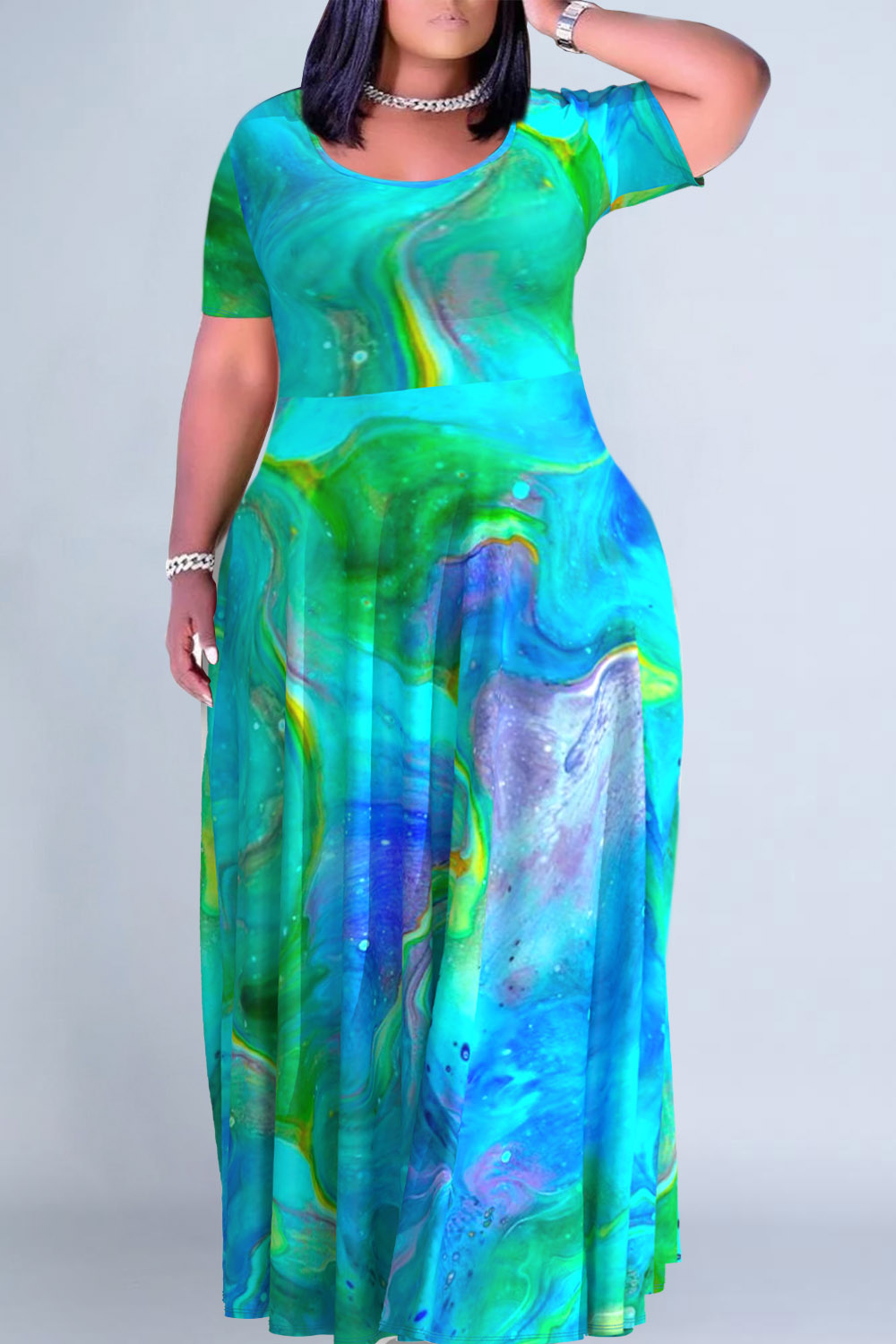 Plus Size Blue Casual Gradient Print Round Neck Short Sleeve Maxi Dresses [Pre-Order]