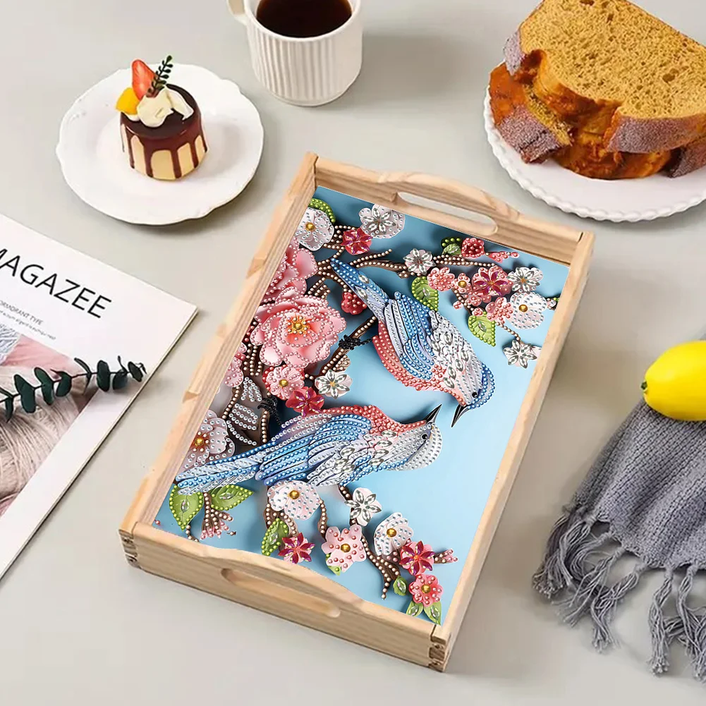 Wooden Flowers Birds 5D DIY Diamond Painting Serving Tray for Home Decor