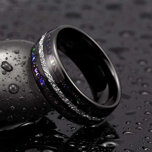 6MM 8MM Women's Or Men's Tungsten Carbide Wedding Matching Rings Black Tone Meteorite with Multi Color Rainbow Opal Inlay Organic Colors