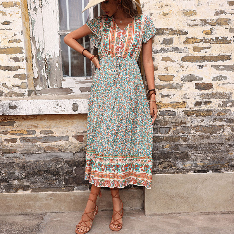 Women's Summer Holiday Printed  V-Neck Vintage Casual Dress