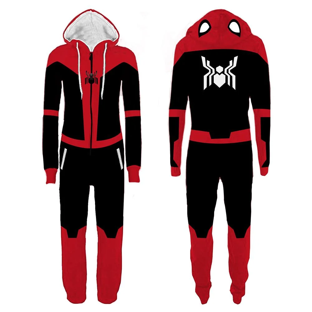 Unisex Halloween Spider-Man Pajamas Black Red Cartoon Onesie Hooded Pajamas Cosplay Costume