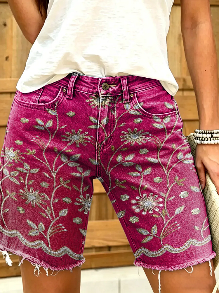 Women's Floral Botanical Print Mid-Length Frayed Hem Denim Bermuda Shorts