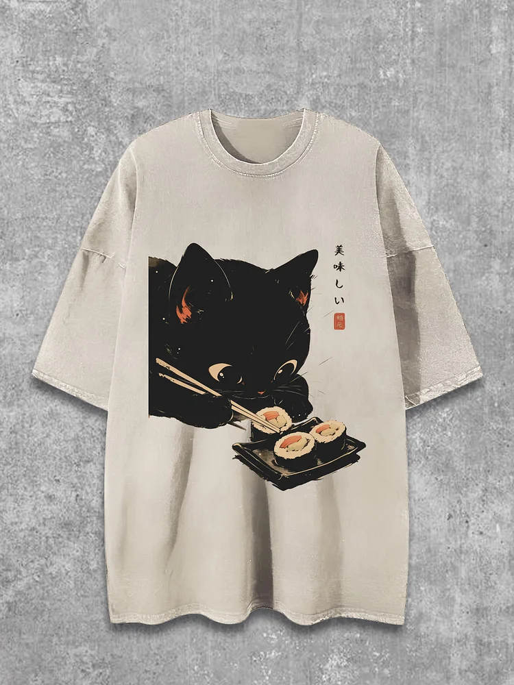 Men's Japanese Sushi Black Cat Print Cotton Washed T-Shirt