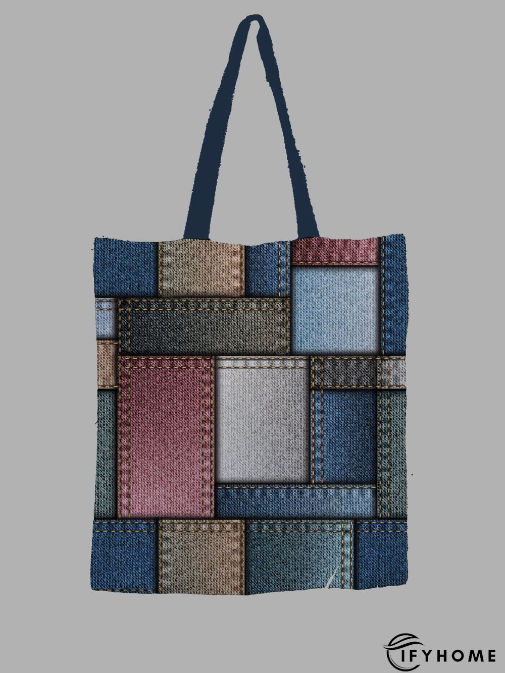 Trendy Denim Paneled Contrast Printed Canvas Shopper Tote Bag | IFYHOME