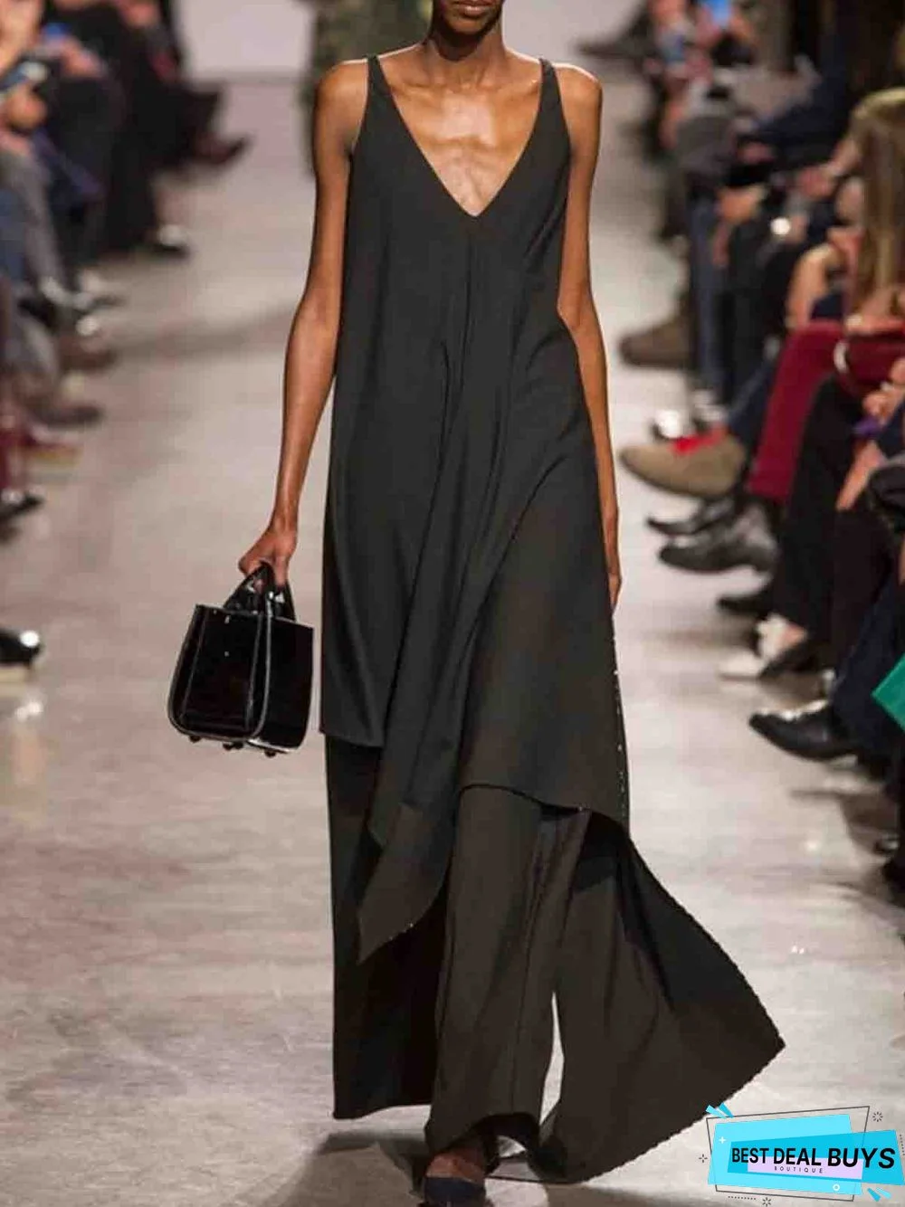 Black V Neck Cocktail Weaving Dress