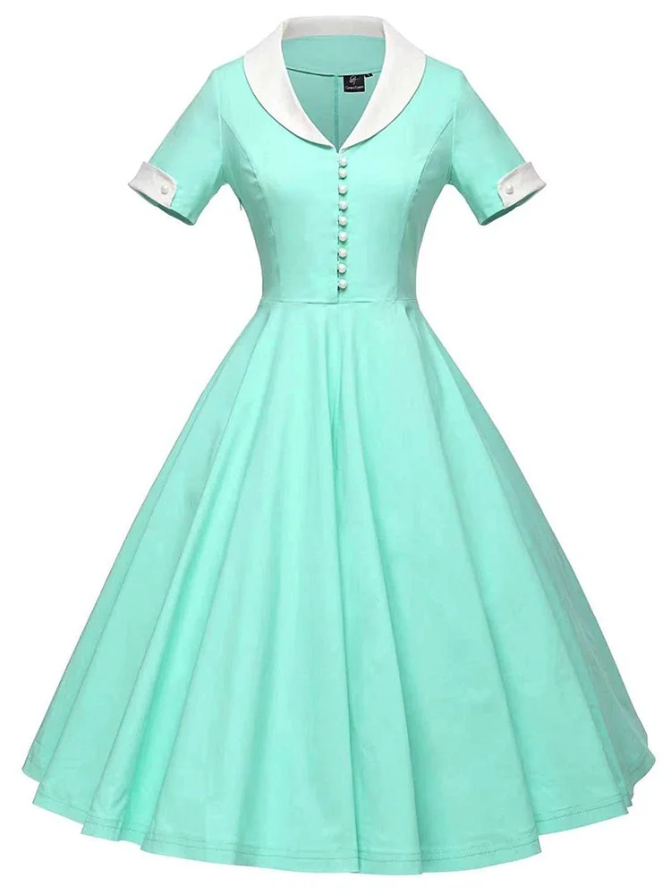 1950s Solid Turndown Collar Swing Dress SP16718