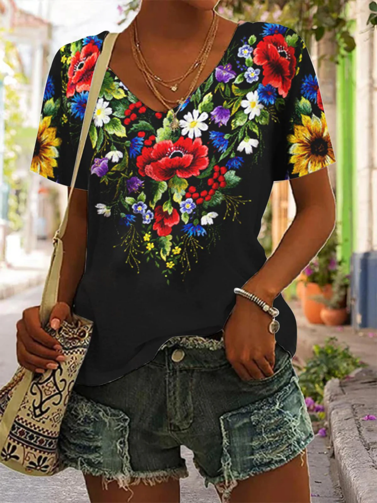 Floral Print V Neck T-Shirt