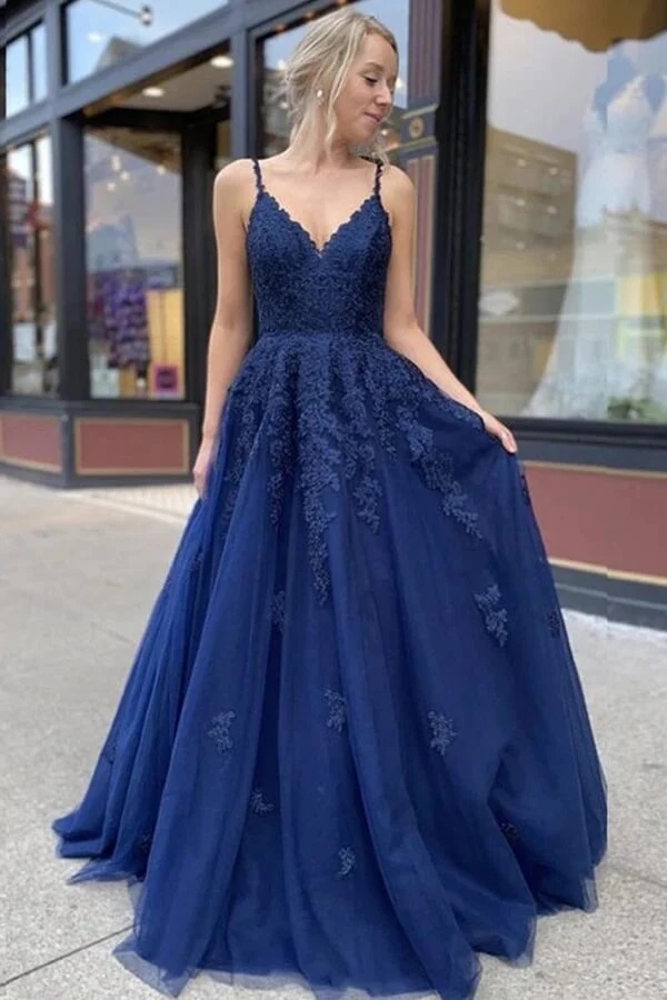 Ovlias Dazzling Navy Blue Spaghetti Strap Applique Layered Prom Dress LY0544