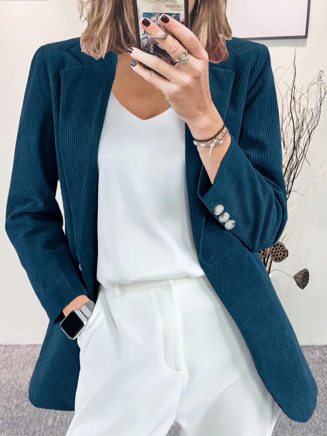 Women's Blazer Jacket - Elegant Office & Casual Outerwear, Button Front Closure, Machine Washable Non-Stretch Jacket For Professional Everyday Chic Outfits, Chic Outfit Addition, Corduroy Texture, Workwear Essential, Slim Fit, Structured Tailoring | IFYHOME