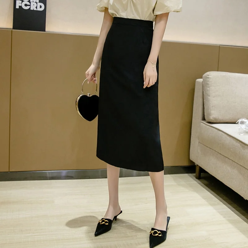 FTLZZ 2021 New Spring Summer Women High Waist Solid Color Medium Long Skirt Casual Female Slim Fit OL Style Split Black Skirts