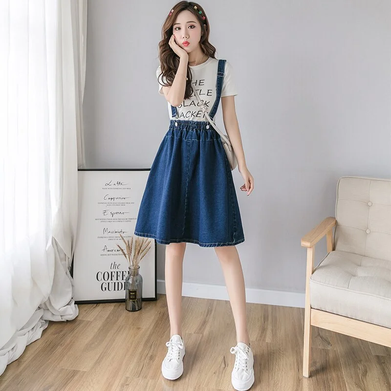 Zoki Plus Size S-4XL Women Denim Strap Skirt Elegant Summer Korean Elastic High Waist A-line Midi Skirt Jeans Faldas Mujer Moda