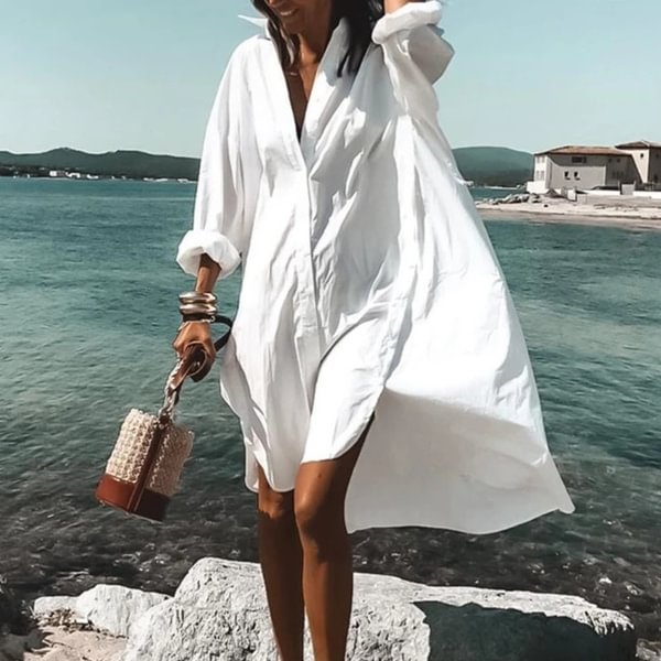 Summer Women Dresses Turn-down Collar Print Casual Long Sleeve Shirt Dress Plus Size Loose Beach Party Vestidos Robe Blouse - Shop Trendy Women's Clothing | LoverChic