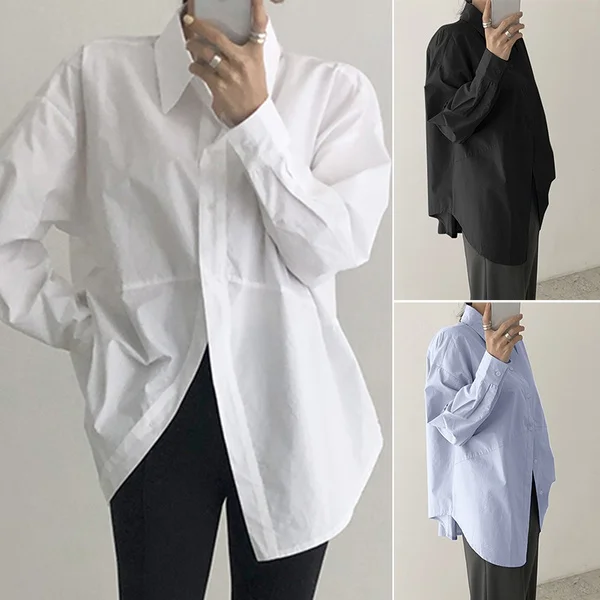 Plus Size Women's Stiff Drop Shoulder Long Sleeve Loose Spliced Shirt Versatile Blouse