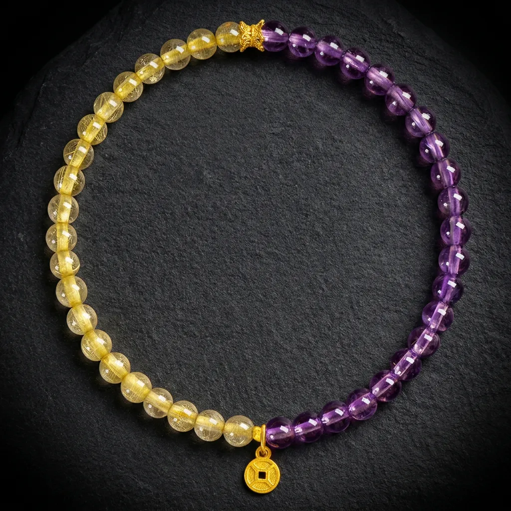 JiStones Golden Radiance: Natural Rutilated Quartz & Tiger Eye Prosperity Bracelet Golden Radiance & Royal Amethyst Edition
