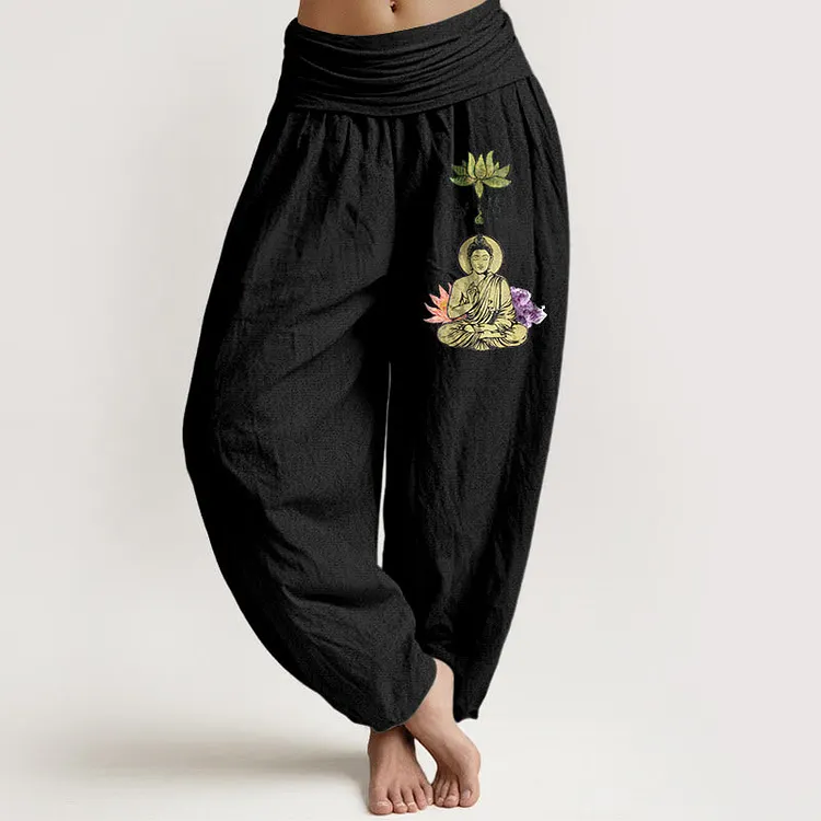 Cotton Traditional Lotus Buddha Pattern Women's Elastic Waist Harem Pants