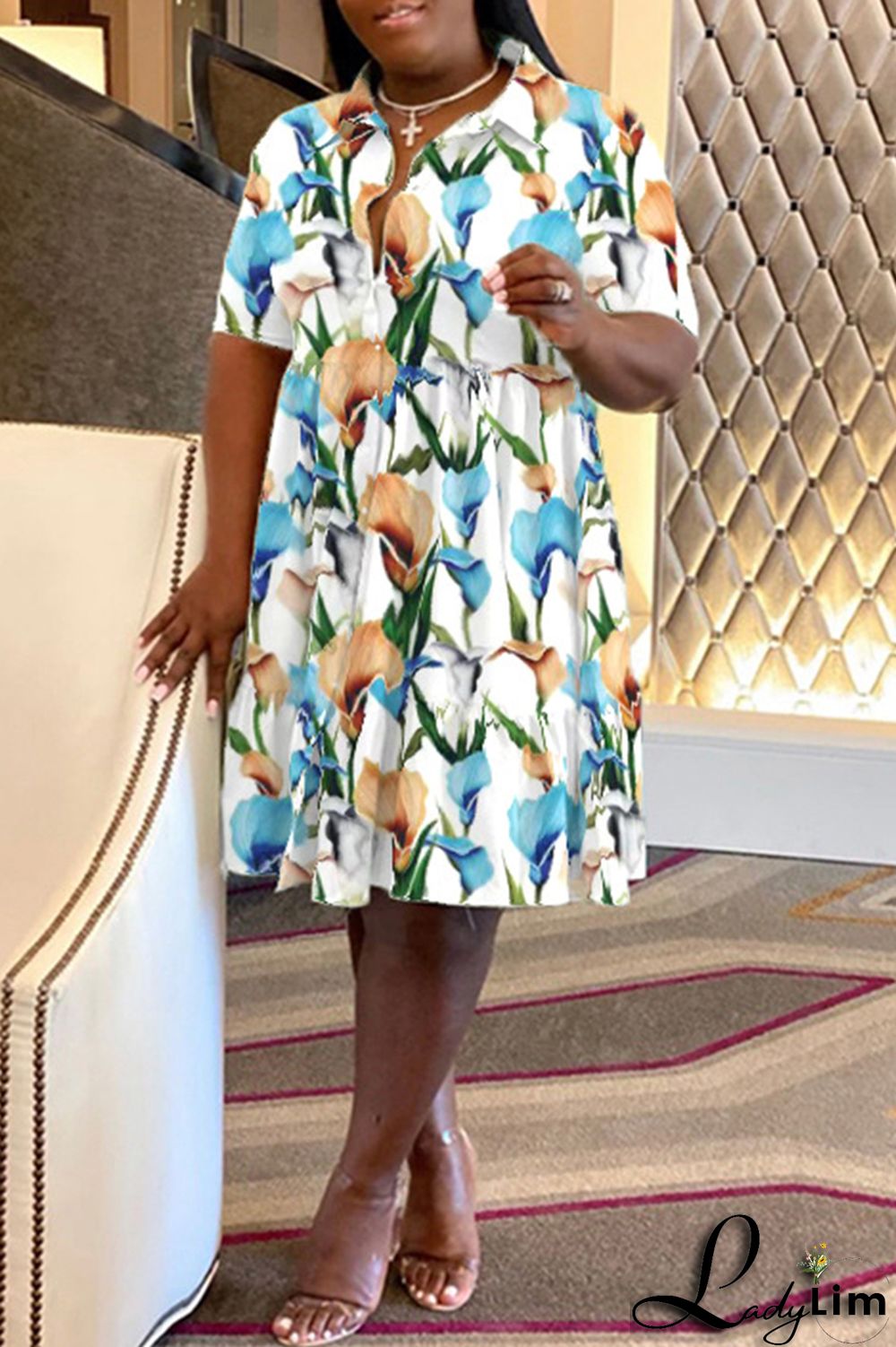 Purple Casual Print Patchwork Fold Turndown Collar A Line Plus Size Dresses