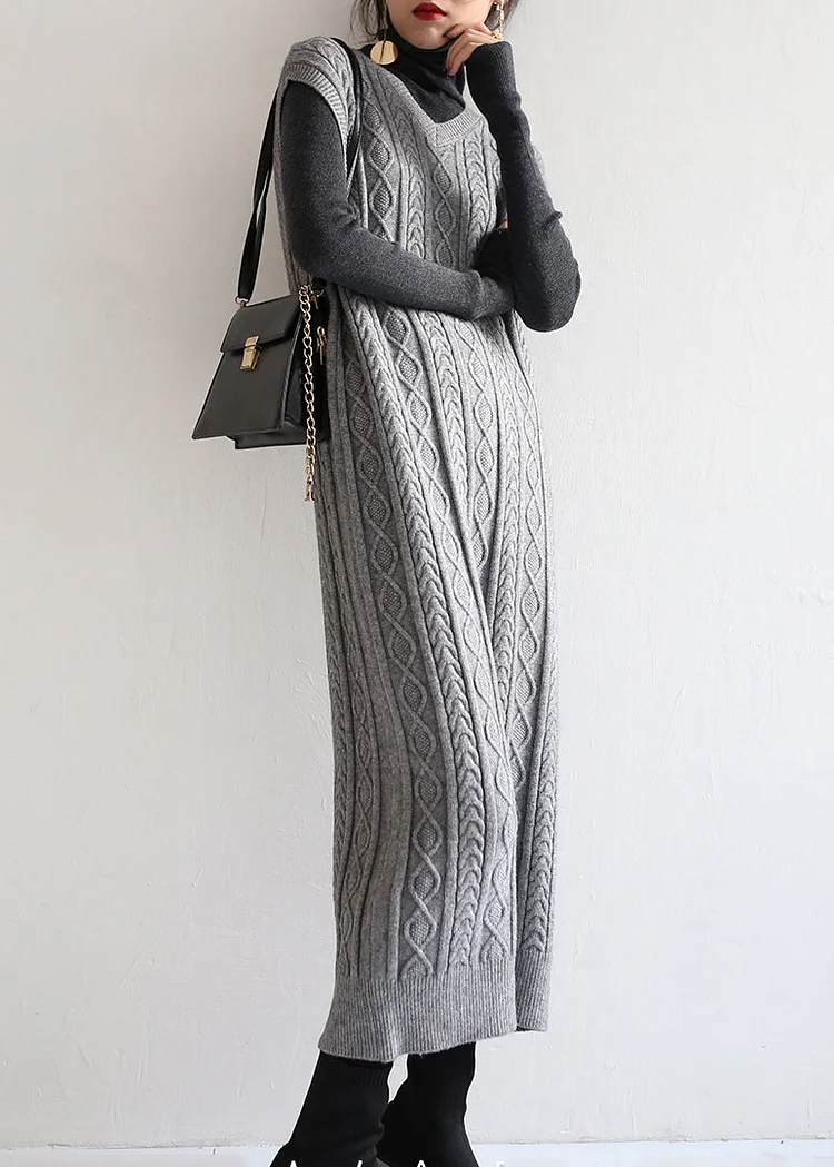 Modern Grey V Neck Cable Long Knit Waistcoat Sweaters Dress Fall