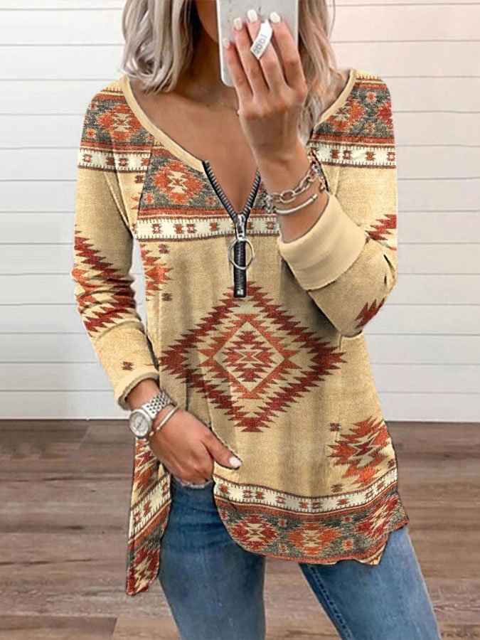 Women's western ethnic style geometric print V-neck T-shirt