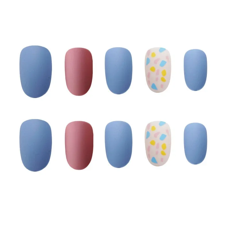 24PCS/box Fashionable Blue and Graffiti Pattern Wearable Fake Nails press on Short oval Head Lady Full Cover Finished Fingernail-Nail Inspo