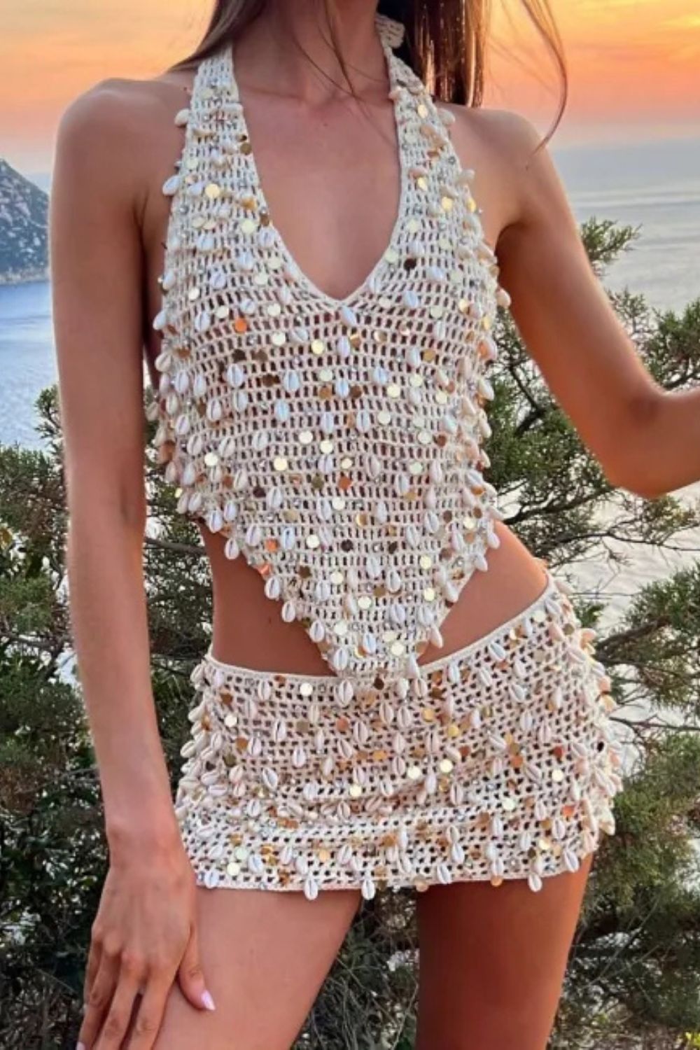 Women's Fashion Casual Temperament Elegant Shell Decorated Vest Skirt Suit