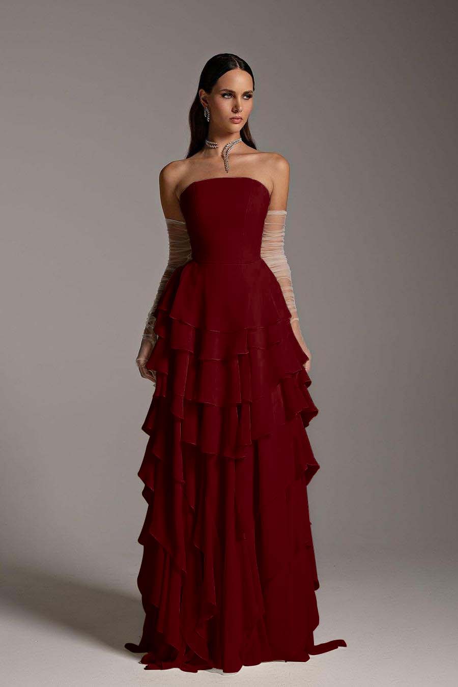 Hidais Charming Strapless Sleeveless Ruffles Long Prom Dress With Gloves