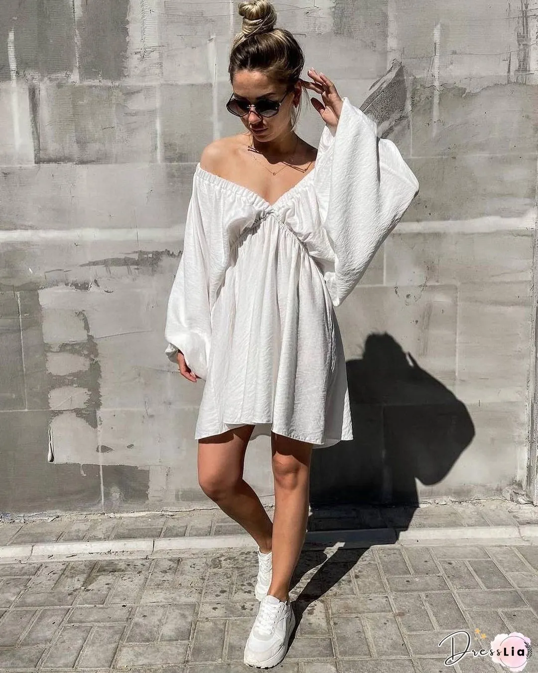 Casual Solid Split Joint V Neck Cake Skirt Dresses(4 Colors)