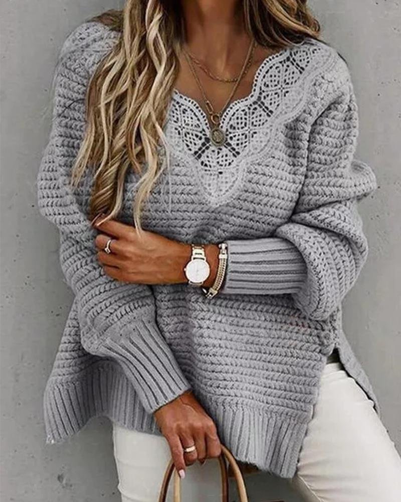 Contrast Lace Split Hem Long Sleeve Sweater