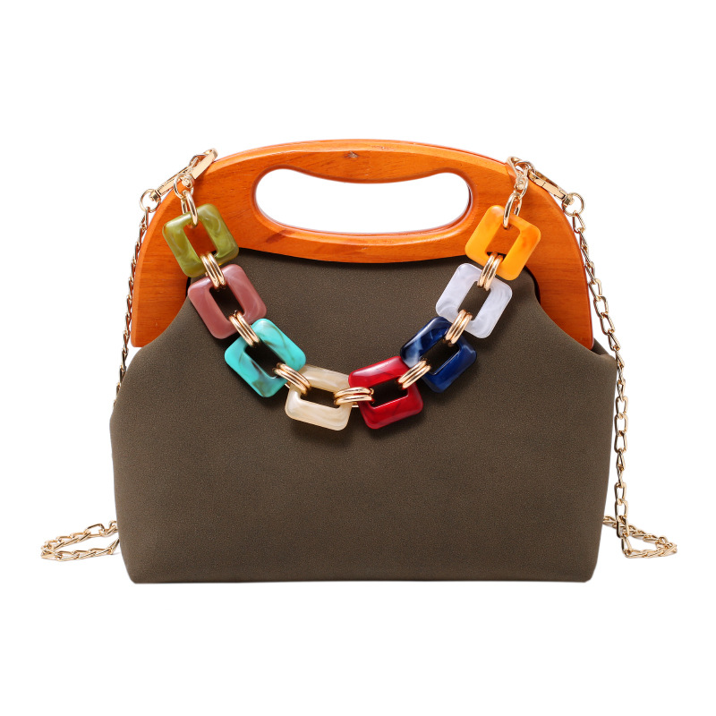 Mature Ladies Fashion Wooden Clip Acrylic Chain Crossbody Bag