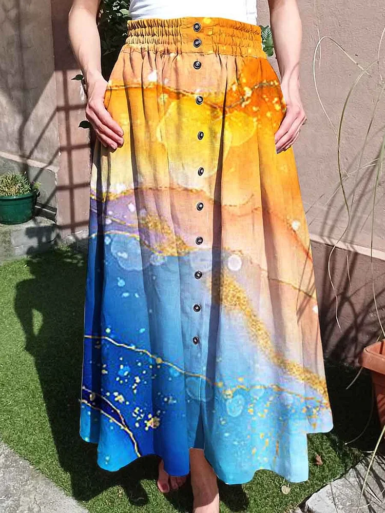 Women's Gilt Artistic Color Dradient Printed Cotton Skirt