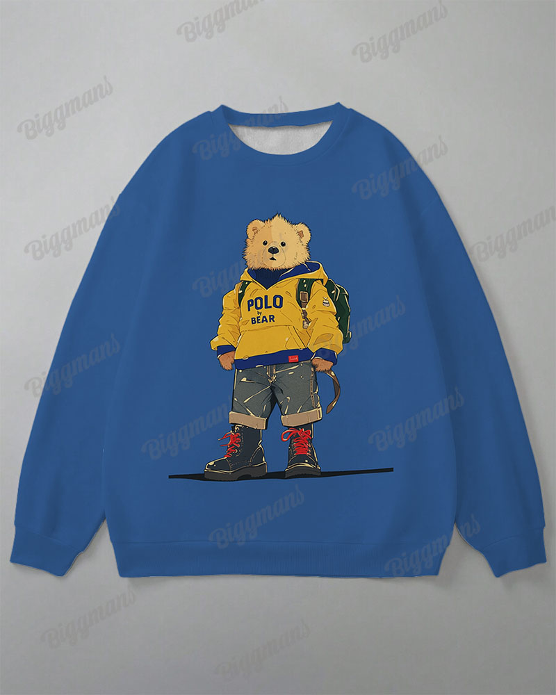 Men's Casual Blue Backpack Bear Letter Print Plus Size Sweatshirt Suit
