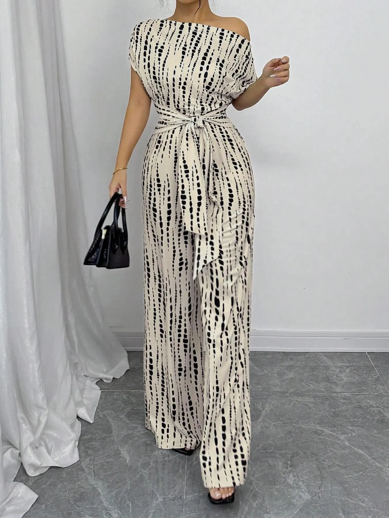 Women's All Over Print Leopard Tie Front Loose Jumpsuit, Casual Asymmetrical Neck Jumpsuit for Spring & Fall, Women's Clothes for Daily Wear Women's All Over Print Leopard Tie Front Loose Jumpsuit, Casual Asymmetrical Neck Jumpsuit for Spring & Fall, Women's Clothes for Daily Wear