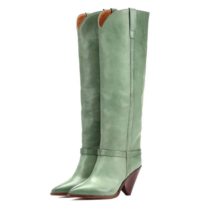 Green Tall Boots Pointy Toe Cone Heel Knee High Boots |FSJ Shoes