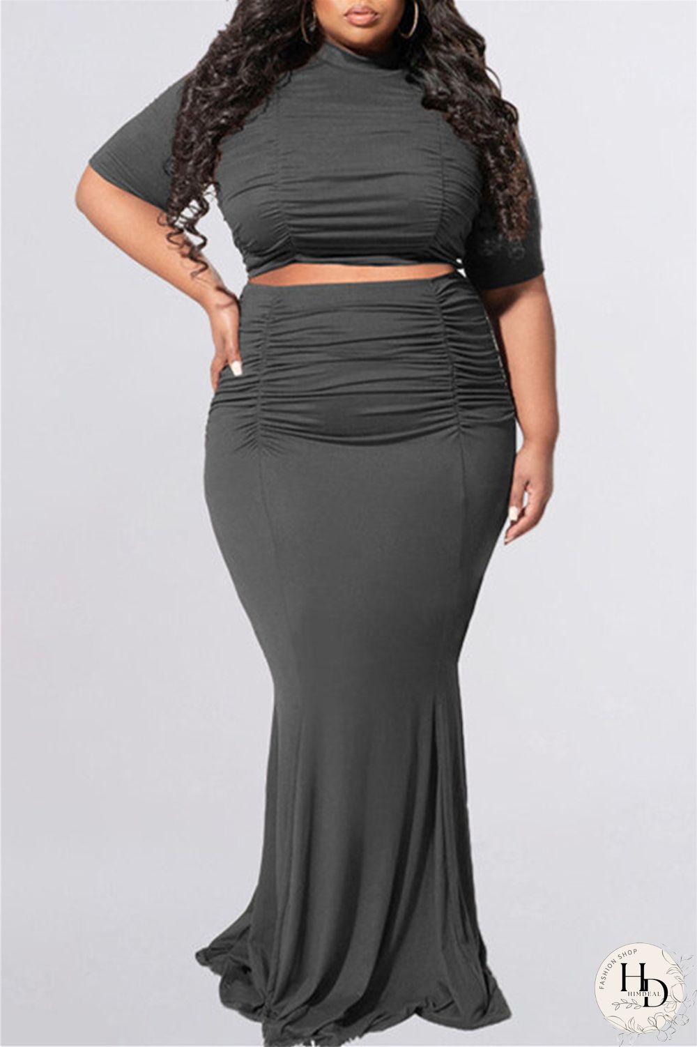 Dark Gray Fashion Casual Solid Fold O Neck Plus Size Two Pieces