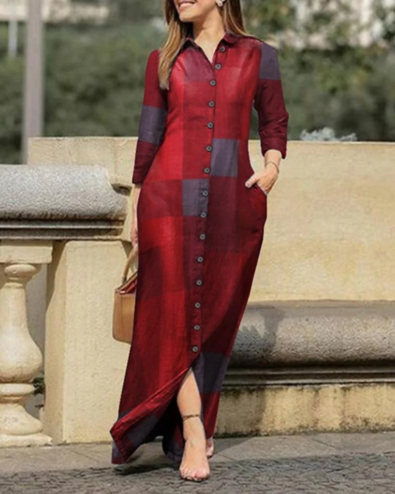 Long Check Print Button Dress