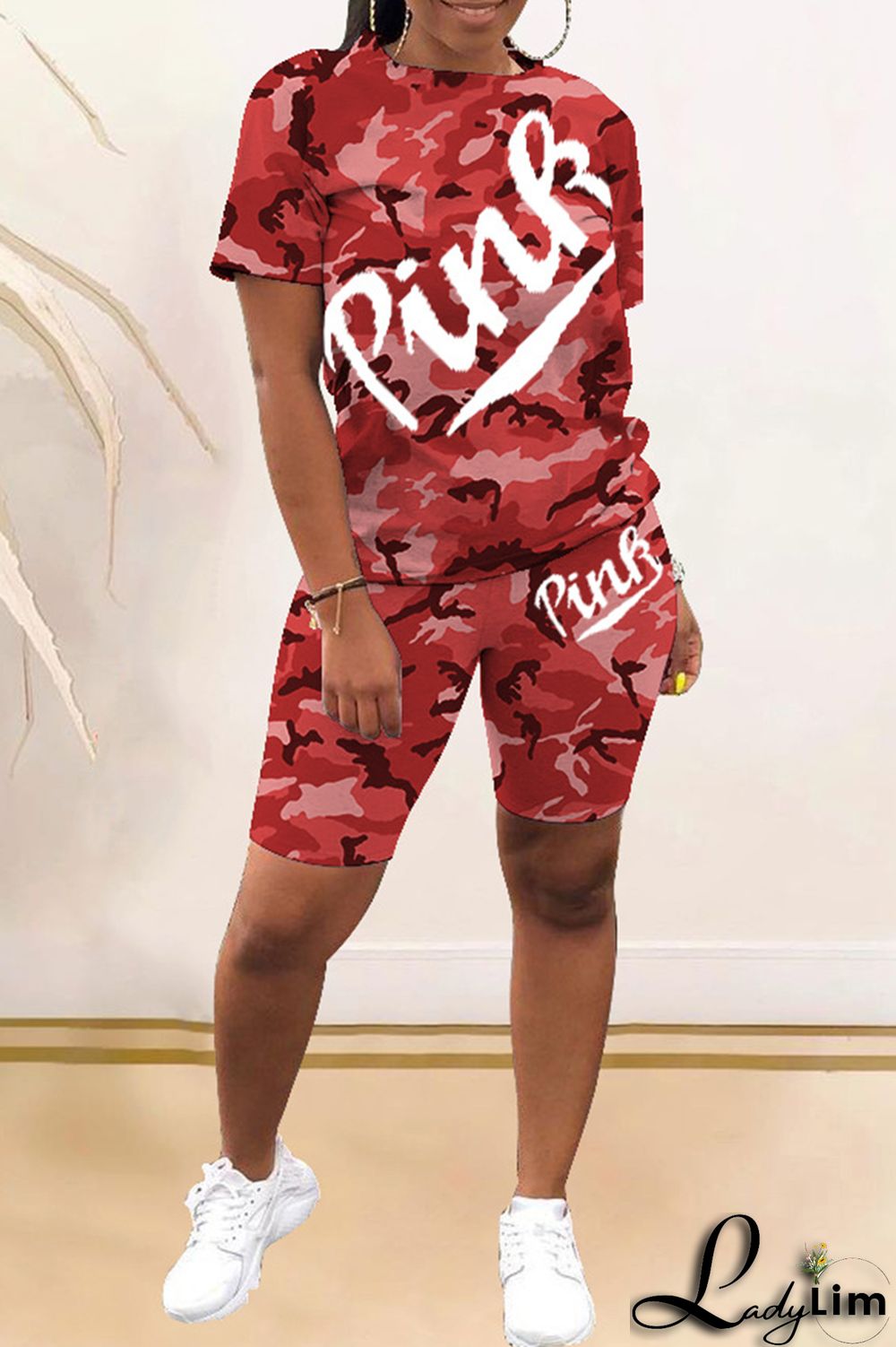 Red Fashion Casual Letter Camouflage Print Basic O Neck Short Sleeve Two Pieces