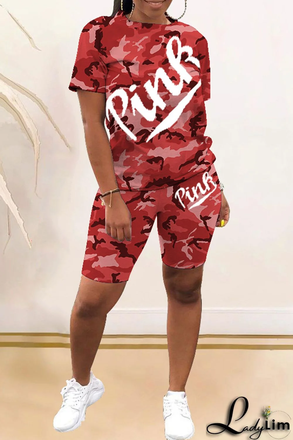 Red Fashion Casual Letter Camouflage Print Basic O Neck Short Sleeve Two Pieces