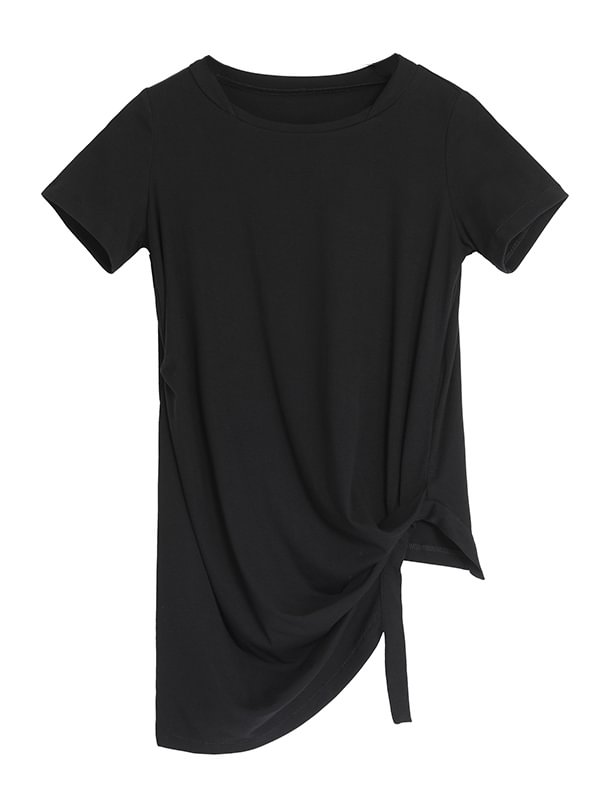 Black Asymmetric Pleats Short Sleeve Round-Neck T-Shirts