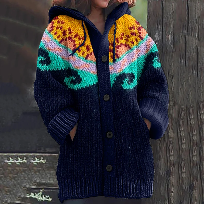 Fairman Island Geometric Wave Contrast Print Hooded Cardigan Sweater