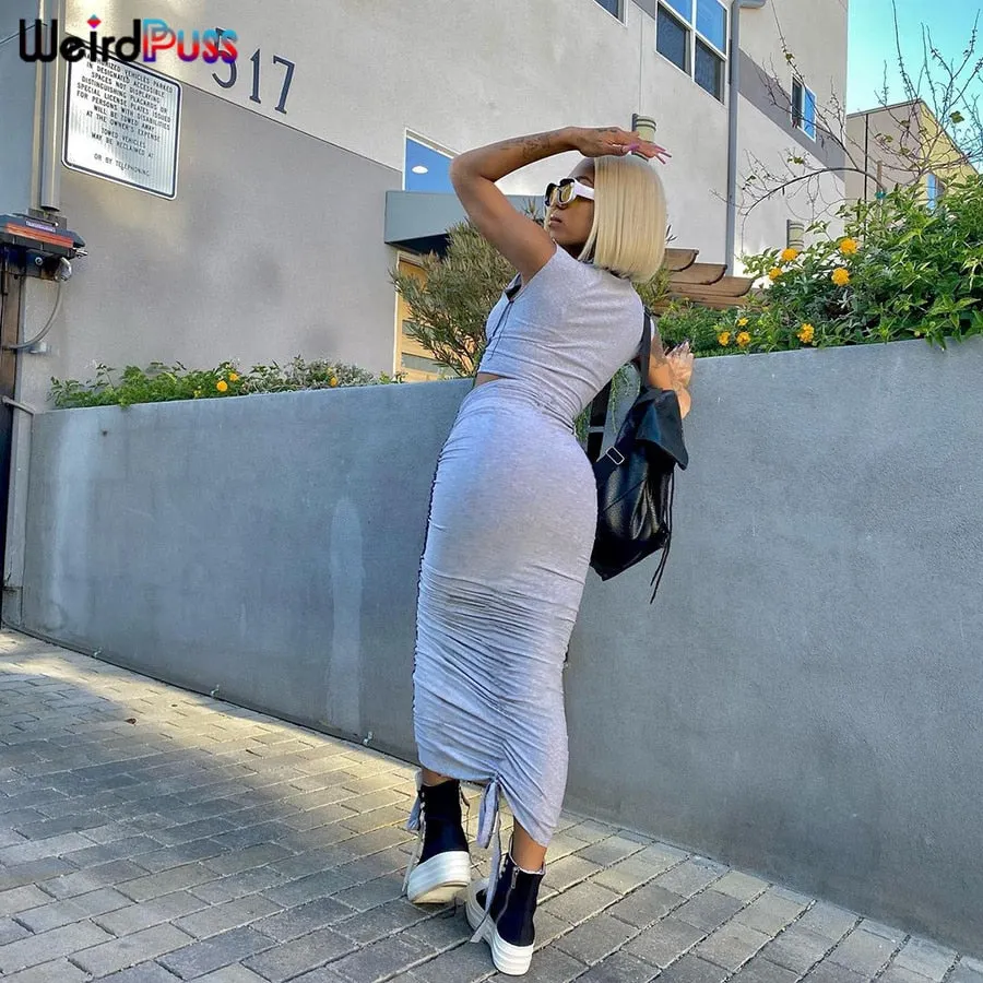 Weird Puss Shirring Casual Two Piece Shorts Sets Lace Up Tank Top+Ruched Long Skirt Fitness Striped Matching Suits Streetwear