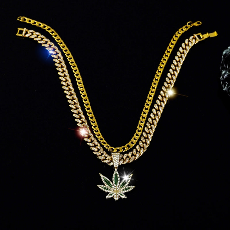 Hot Sale Fashion Hip Hop Long Twin Maple Leaf Necklace Men And Women Street Personality Diamond Stud Cuban Link Chain