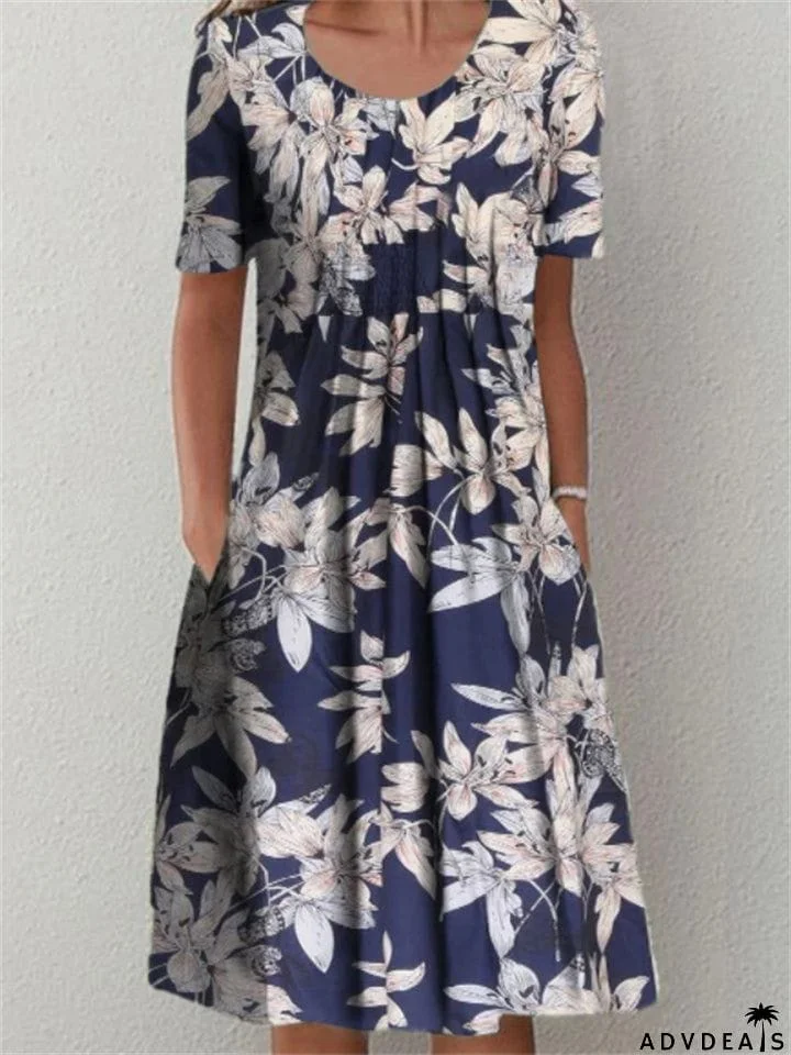 Women's Casual Floral Printed Round Neck Dresses